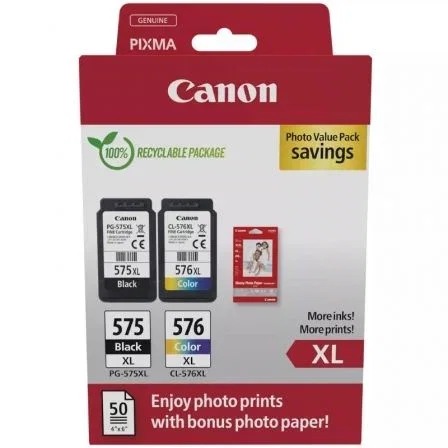 Canon PG-575XL + CL-576XL Multipack Alto Rendimiento Negro y Tricolor + Papel Fotográfico Satinado GP-501 10x15 cm 50 hojas para PIXMA Canon PG-575XL + CL-576XL Multipack Alto Rendimiento Negro y Tricolor + Papel Fotográfico Satinado GP-501 10x15 cm 50 hojas para PIXMA